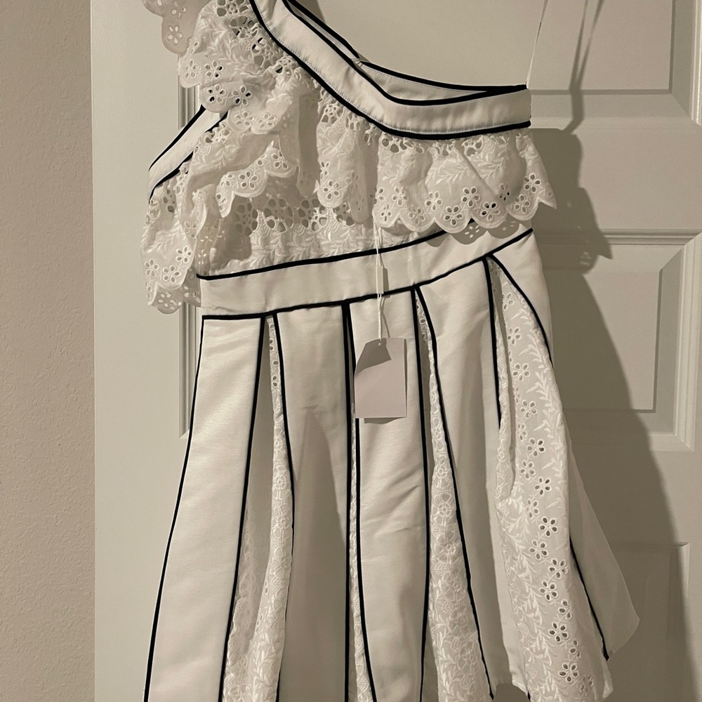 Self-Portrait White One-Shoulder Eyelet Dress with Black Piping